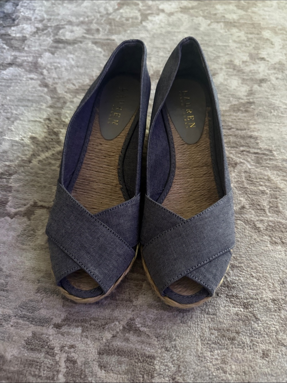 Lauren Ralph Lauren Grey Chambray Crossband Peep-Toe Mules